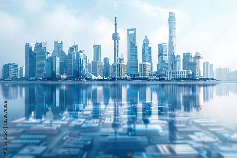 Fototapeta premium Modern city skyline with skyscrappers and reflection created with Generative AI
