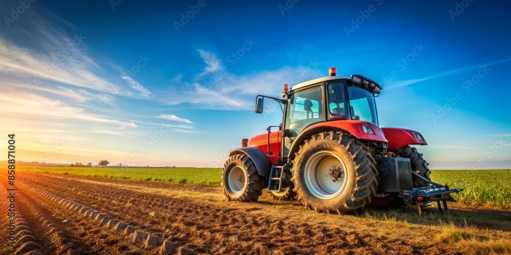 Obraz premium Red Tractor in a Field at Sunset