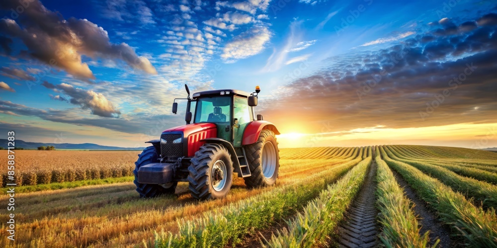 Red Tractor on a Rolling Field at Sunset Red Tractor on a Rolling Field at Sunset