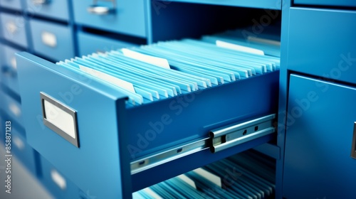 An open drawer of a metal filing cabinet, revealing neatly organized documents.