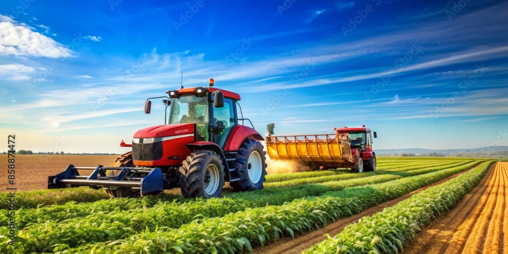 Fototapeta premium Red Tractor Working in a Green Field