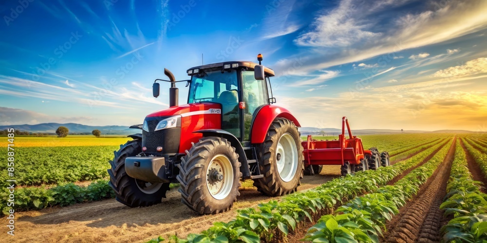 Fototapeta premium Red Tractor Working in a Lush Field at Sunset