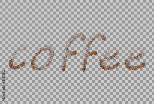 The word coffee is written with scattered powder. Text made from coffee or chocolate powder flying dust particles. Crushed granules of sand or brown cane sugar. Vector illustration.
