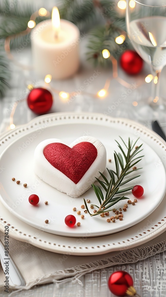 Holiday Heart Dessert, Red heart-shaped treat with festive garnish on elegant plate, Christmas table setting. Holiday Heart Dessert, Red heart-shaped treat with festive garnish on elegant plate, Christmas table setting.