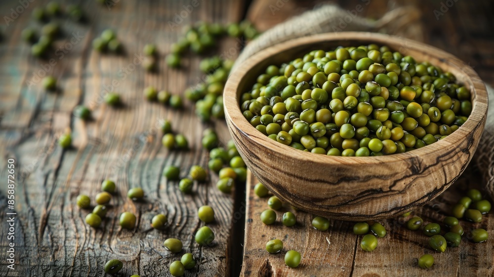 Green mung beans Nutritious source on wooden surface Green mung beans Nutritious source on wooden surface