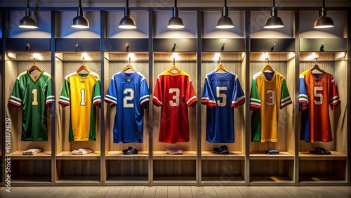 Wallpaper Mural Colorful jerseys with bold numbers hang from hooks in a dimly lit locker room, a nostalgic scene that evokes excitement for sports enthusiasts everywhere.,hd,8k. Torontodigital.ca