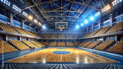 Empty sports stadium with a basketball court, scoreboards, and arena seats, suggesting a recent joyful and triumphant atmosphere.,hd,8k.
