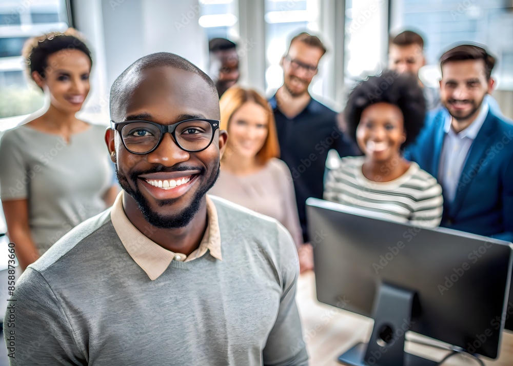 Smiling Black Businessman Wearing Glasses In A Modern Office With A Diverse Group Of Coworkers In The Background.