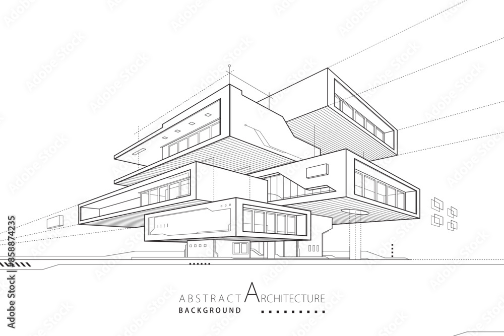 3D illustration abstract building out-line drawing of imagination High-tech architecture building construction design. 3D illustration abstract building out-line drawing of imagination High-tech architecture building construction design.
