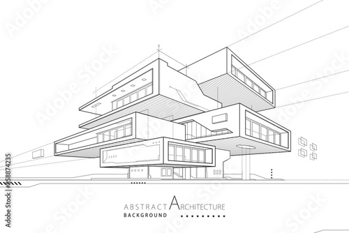 3D illustration abstract building out-line drawing of imagination High-tech architecture building construction design.