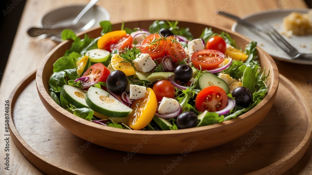 mediterranean salad served aesthetically in wooden plate mediterranean salad served aesthetically in wooden plate