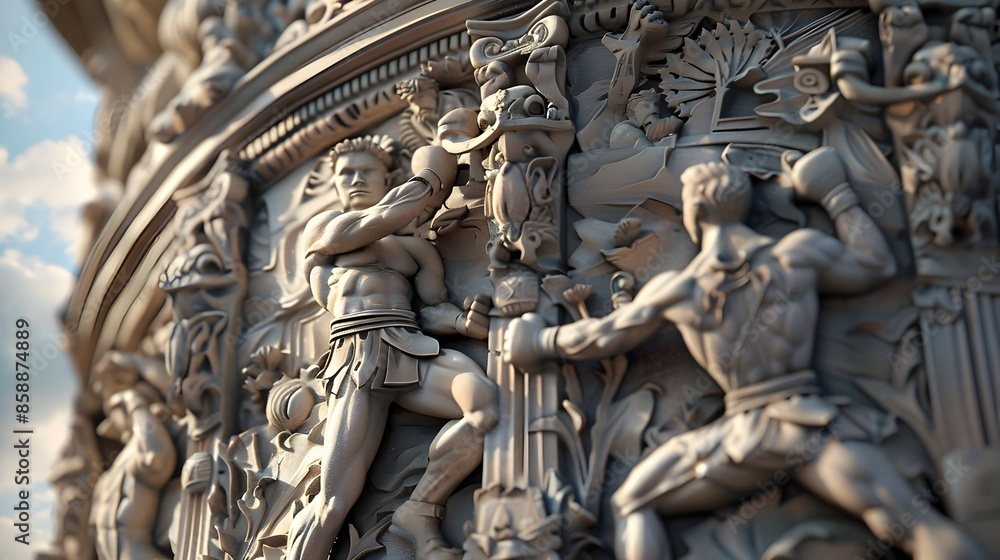 Towering Monument Honoring Kickboxing Legends with Intricate Fight Carvings Towering Monument Honoring Kickboxing Legends with Intricate Fight Carvings