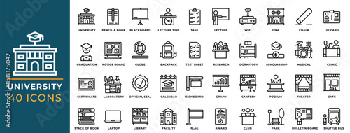 University icon set. Editable Outline design for school symbols. Perfect for websites, UI and mobile apps.
