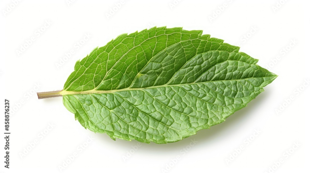 Fototapeta premium Close-up of an aromatic mint leaf isolated on white, ideal for herbal tea and infusion ads