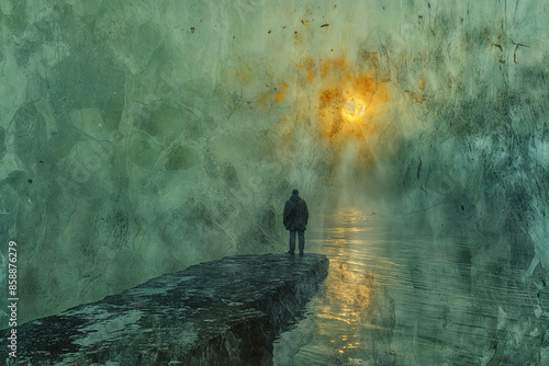 Silhouette of Lone Person on Rocky Pier Facing Bright Light in Misty Green Environment, Symbolizing Solitude and Contemplation