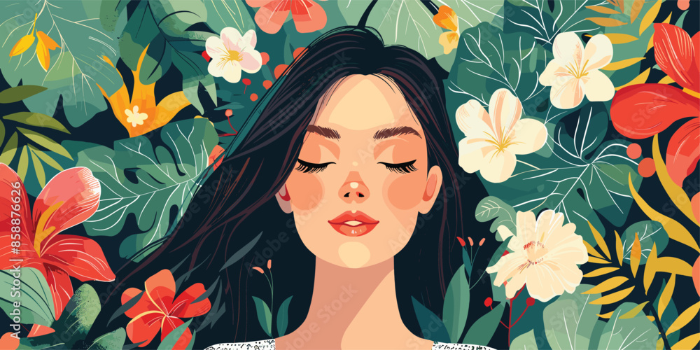 Spring and Summer Garden Illustration: A Cheerful Woman Amidst Vibrant Flowers, Leaves, and Plants - Perfect for Banners, Posters, and Women's Day Cards Spring and Summer Garden Illustration: A Cheerful Woman Amidst Vibrant Flowers, Leaves, and Plants - Perfect for Banners, Posters, and Women's Day Cards