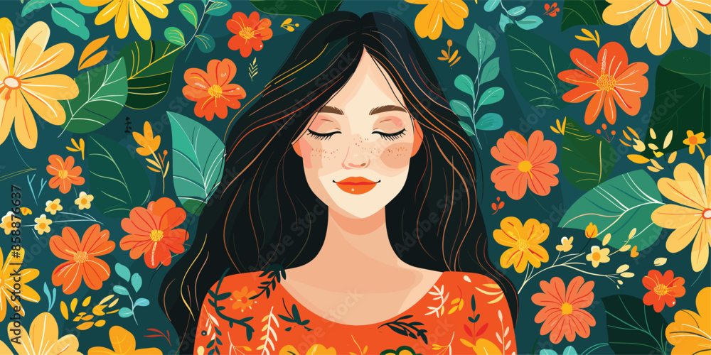 Spring and Summer Garden Illustration: A Cheerful Woman Amidst Vibrant Flowers, Leaves, and Plants - Perfect for Banners, Posters, and Women's Day Cards Spring and Summer Garden Illustration: A Cheerful Woman Amidst Vibrant Flowers, Leaves, and Plants - Perfect for Banners, Posters, and Women's Day Cards