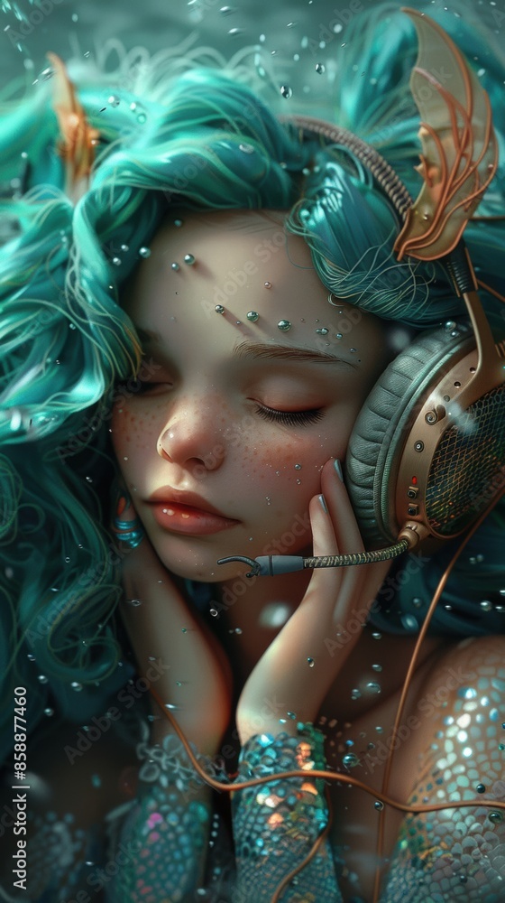 A woman with blue hair wearing headphones A woman with blue hair wearing headphones