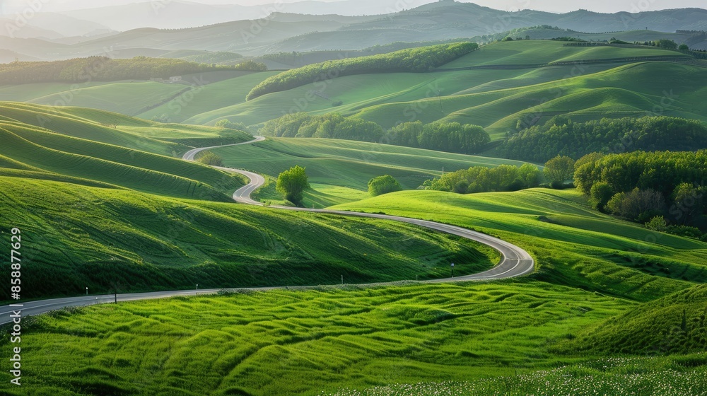 Fototapeta premium Green fields and hills in spring with a highway curving through the landscape