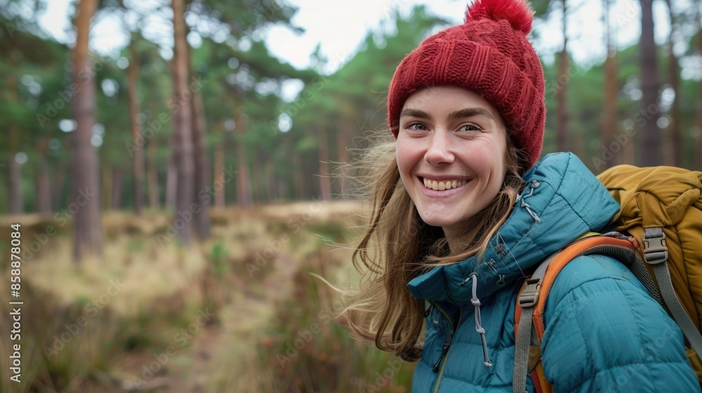 Happy female traveler with a backpack in the vibrant Cannock Chase forest Happy female traveler with a backpack in the vibrant Cannock Chase forest