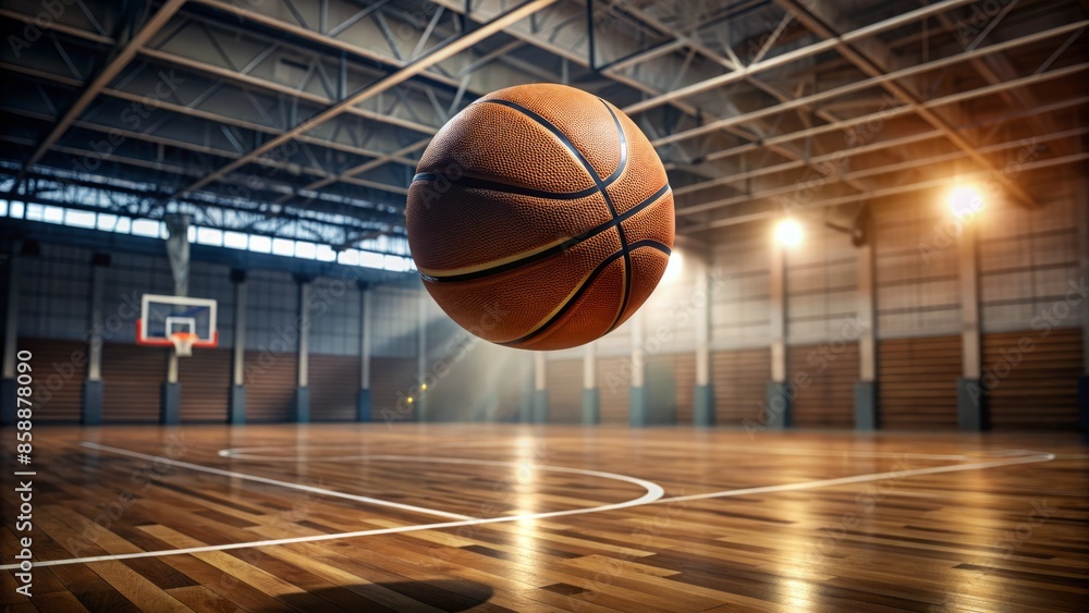A sweeping basketball court empties in the background as a lone ball soars through the air, captured mid-flight, frozen in dramatic suspended animation.,hd,8k. A sweeping basketball court empties in the background as a lone ball soars through the air, captured mid-flight, frozen in dramatic suspended animation.,hd,8k.