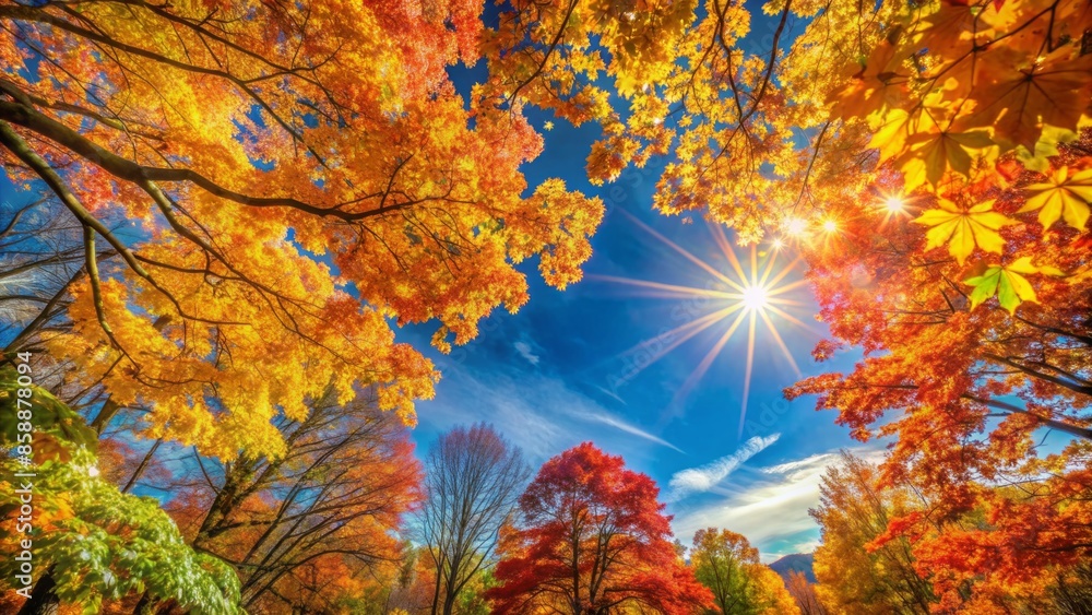 Vibrant autumn foliage set against a brilliant blue sky, warm sunlight filtering through rustling leaves, creating a serene, idyllic, and peaceful natural scene.,hd,8k. Vibrant autumn foliage set against a brilliant blue sky, warm sunlight filtering through rustling leaves, creating a serene, idyllic, and peaceful natural scene.,hd,8k.