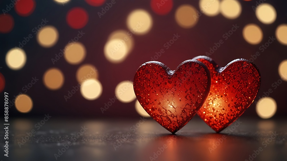 Fototapeta premium Two red hearts illuminated against a Bokeh light background. Copy space. Valentine, wedding background. Generative Ai.