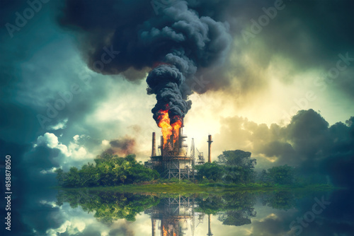 A burning oil rig spews thick black smoke into the air, polluting the pristine tropical environment. The aftermath of resource extraction leaves a lasting mark on the landscape photo