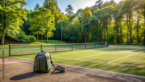 Empty tennis court surrounded by green trees, with a lone sports bag and racket awaiting its owner's return, evoking a sense of anticipation.,hd,8k. photo