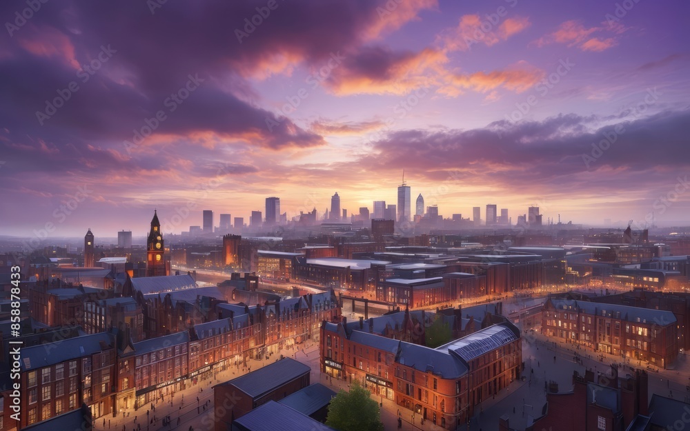 Fototapeta premium Top view Manchester cityscape at sunset