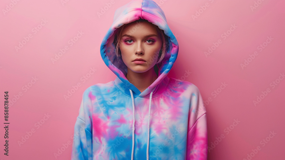 Pink Yellow Blue tie dye flying women's winter hoodie on pink background. Creative clothing concept, trendy fall winter cozy sweater, sweatshirt. Fashion, autumn discounts. black Friday. Shopping Pink Yellow Blue tie dye flying women's winter hoodie on pink background. Creative clothing concept, trendy fall winter cozy sweater, sweatshirt. Fashion, autumn discounts. black Friday. Shopping