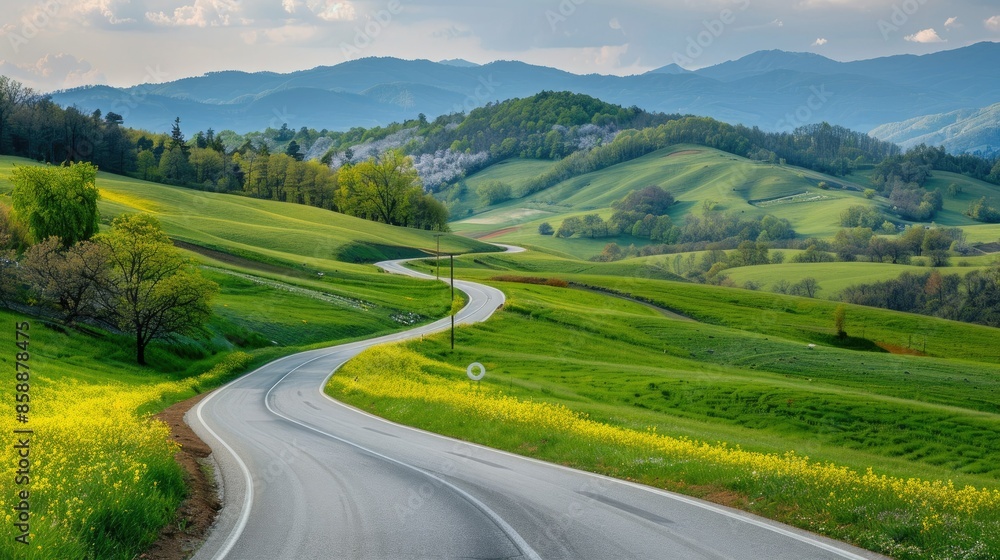 Highway curving through green fields and hills in full spring bloom Highway curving through green fields and hills in full spring bloom