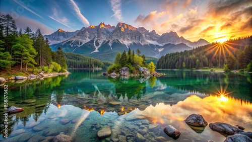 Vibrant summer sunrise illuminates the serene eibsee lake, surrounded by majestic zugspitze mountain range, highlighting nature's breathtaking beauty in german alps, bavaria, germany.,hd,8k.