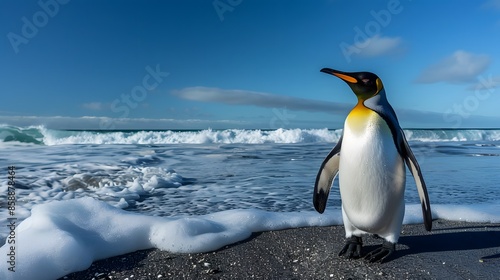 King pinguin walking at the beach. 