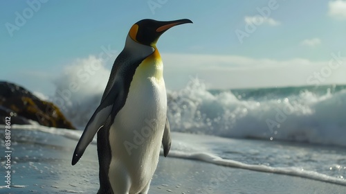 King pinguin walking at the beach. 