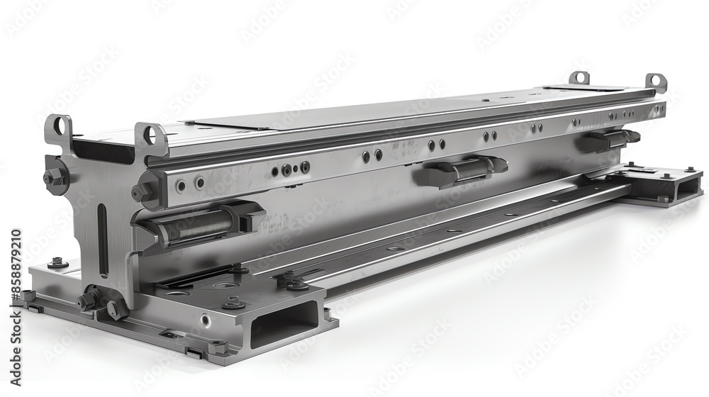 Close-up of a steel metal slide mechanism for industrial machinery. Close-up of a steel metal slide mechanism for industrial machinery.