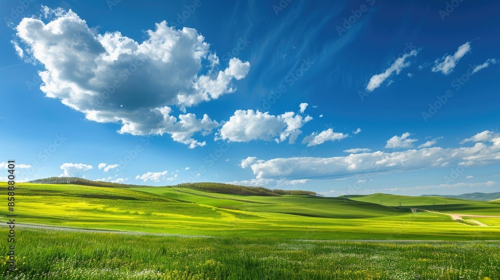 Springtime fields and hills with a highway under a bright blue sky Springtime fields and hills with a highway under a bright blue sky
