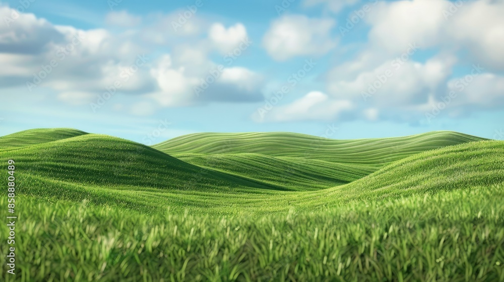 Textured short grass on rolling hills with a blue sky backdrop