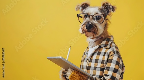 Adorable Dog Graphic Designer with Tablet and Stylus on Chartreuse Background