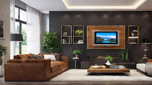 Elegant minimalist house with elegant living room,Generative AI photo