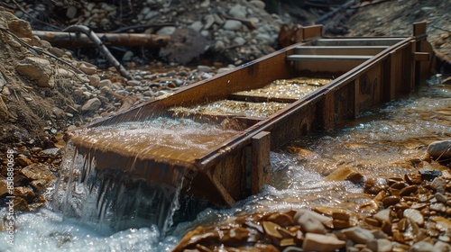 A close-up of a sluice box being used for gold panning in a river.