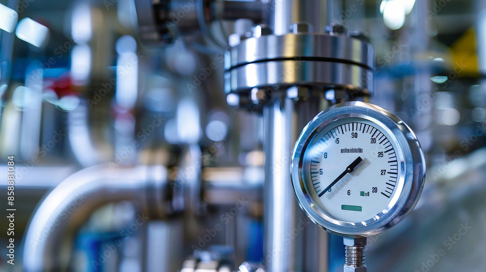 A silver temperature sensor is mounted on a pipe in a factory setting, with other pipes and equipment visible in the background A silver temperature sensor is mounted on a pipe in a factory setting, with other pipes and equipment visible in the background