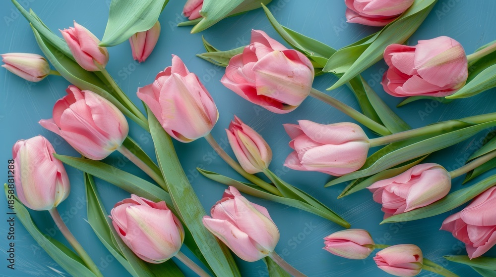 Vibrant pink tulips with green leaves on blue background Vibrant pink tulips with green leaves on blue background