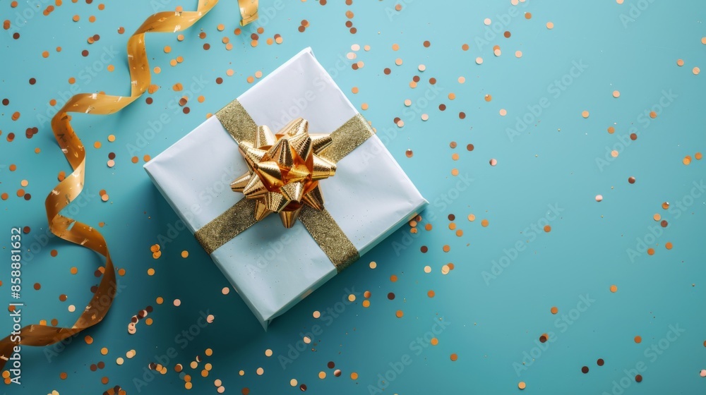 White gift box with golden ribbon bow on blue background with confetti. Christmas present, valentine day surprise, birthday concept. Flat lay, top view White gift box with golden ribbon bow on blue background with confetti. Christmas present, valentine day surprise, birthday concept. Flat lay, top view