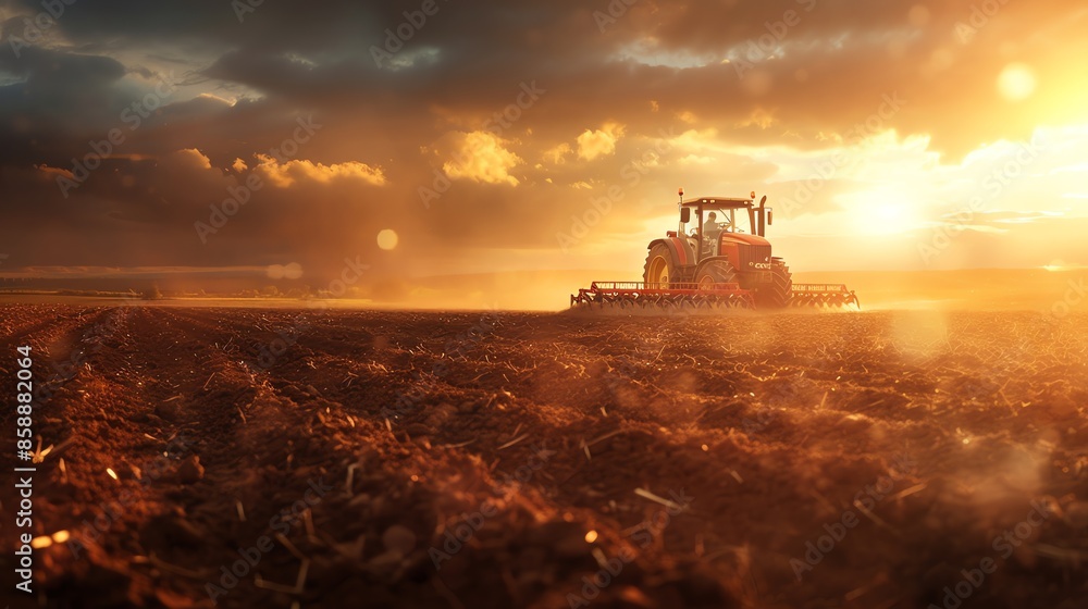 Fototapeta premium Tractor working in a field at sunset.