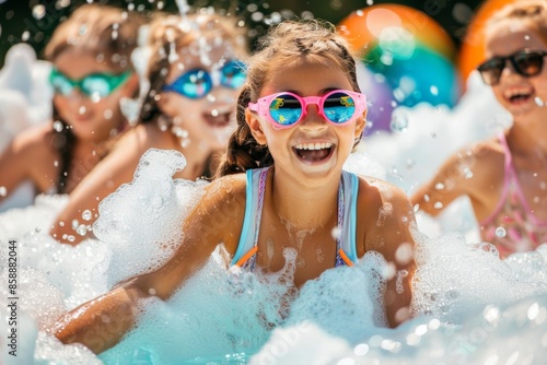 Joyful children playing in foamy bubble pool at sunny day party