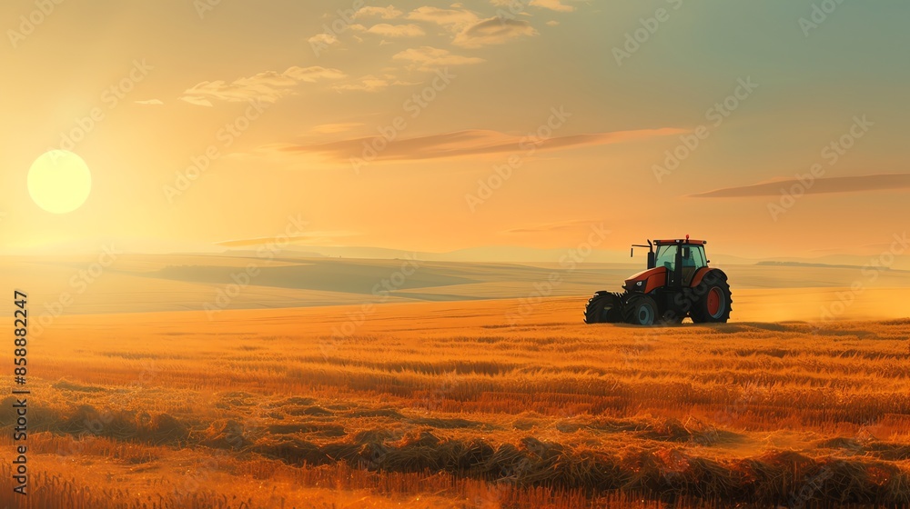 Fototapeta premium Tractor in a field at sunset.
