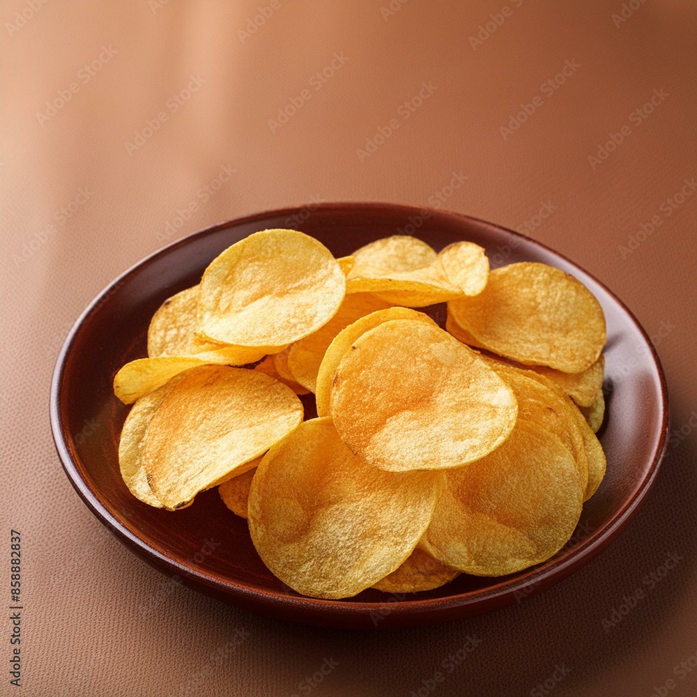 Crispy potato chips in plate on brown background Crispy potato chips in plate on brown background