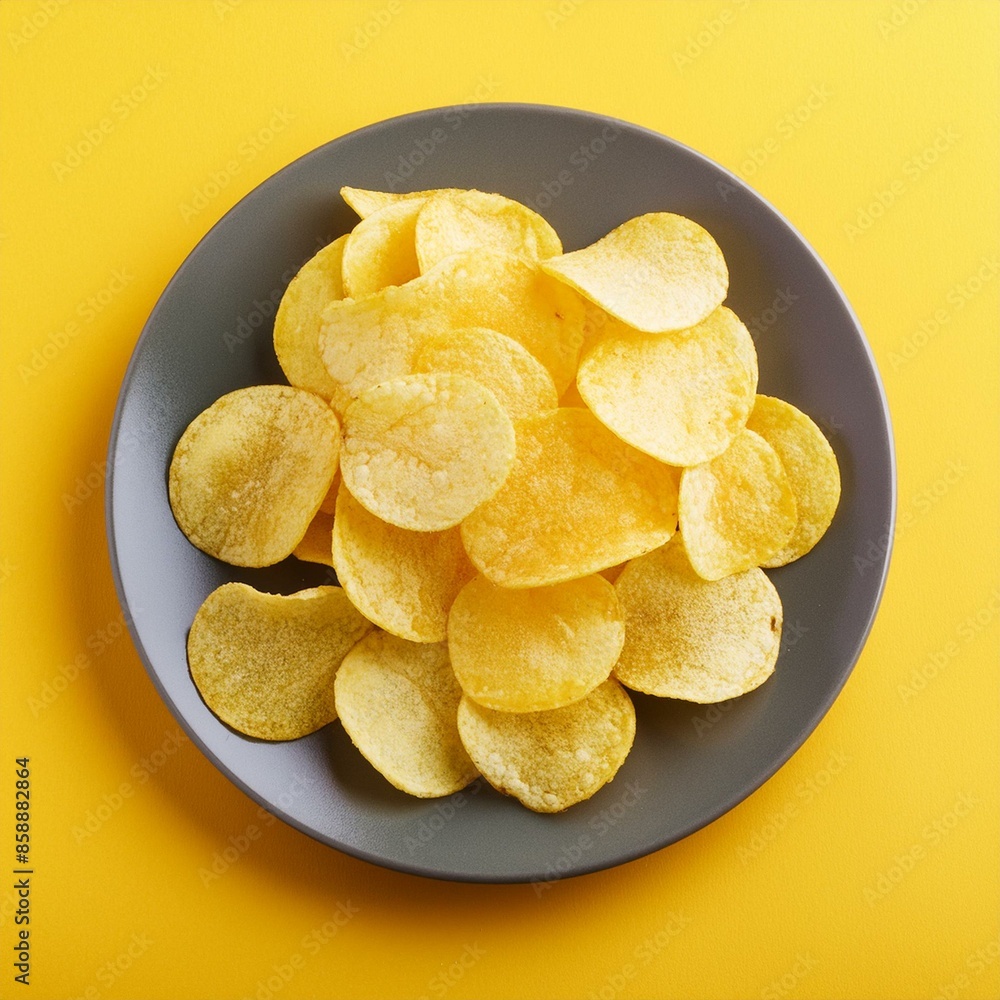 Crispy potato chips in plate on yellow background Crispy potato chips in plate on yellow background