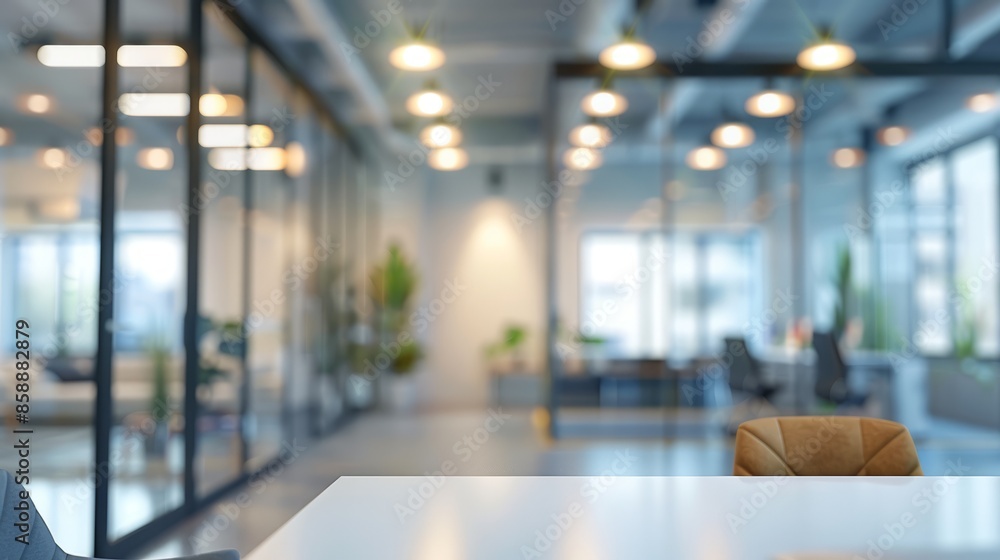 A modern office interior with a blurred background, white desk and glass wall, blurred focus on an open space or conference room table A modern office interior with a blurred background, white desk and glass wall, blurred focus on an open space or conference room table